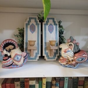 Vintage Southwest Style Wall Candle Holder Sconces and Wall Plaques Set Cactus